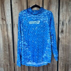 Hook & Tackle Blue Camo Fishing Hoodie Shirt UPF Sun Protection Mens L